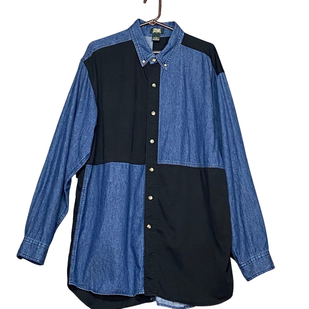 Vintage Stefano Man Large Denim Color Block Button Down Long Sleeve Shirt Retro